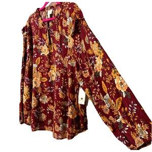 ST. JOHNS BAY Women’s Top Long sleeve Burgundy Floral Size 3X Keyhole NWT